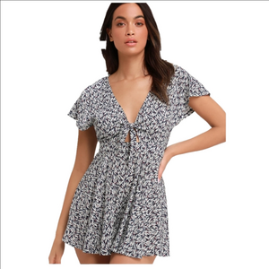 Lulus Dondi Romper Shorts Navy Blue White Leaf Print Loose And Flowy Small